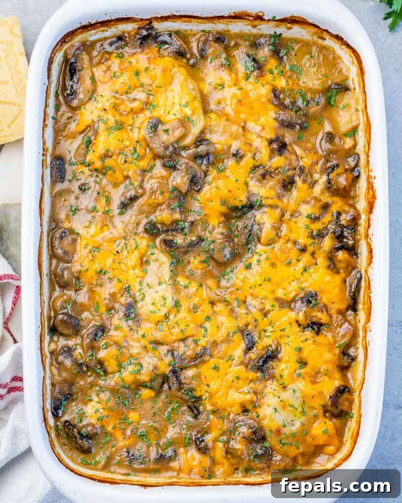 Top-down view of a white baking dish showcasing a freshly baked, creamy potato and mushroom casserole, crowned with a golden layer of melted cheddar cheese.