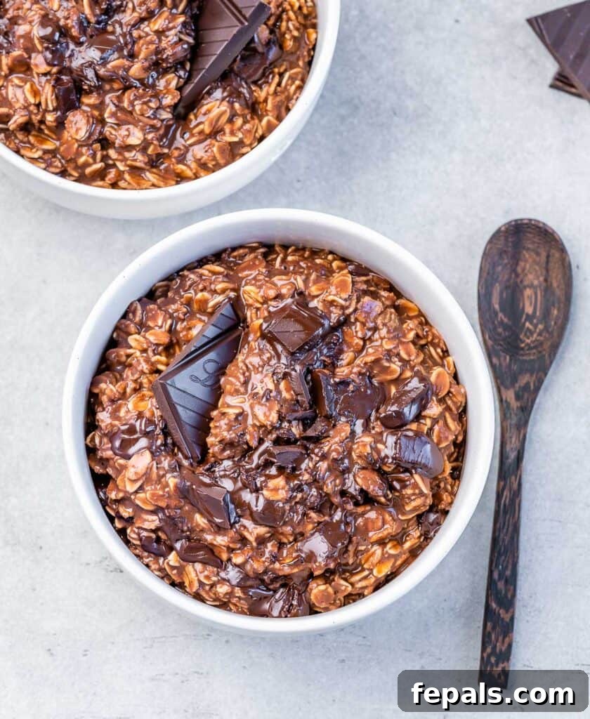 Decadent Cocoa Oat Delight 11 top view of a white bowl of chocolate oatmeal with a wooden spoon on the right of the bowl
