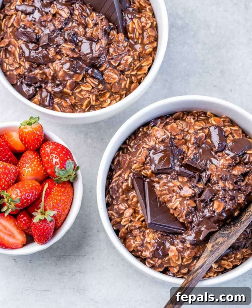 Decadent Cocoa Oat Delight 3 top view of 2 bowls of chocolate oatmeal with wooden spoon in one of the bowls and a bowl of fresh strawberries