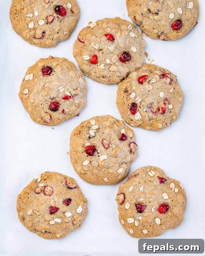 baked cranberry cookies laid out on a white parchment paper