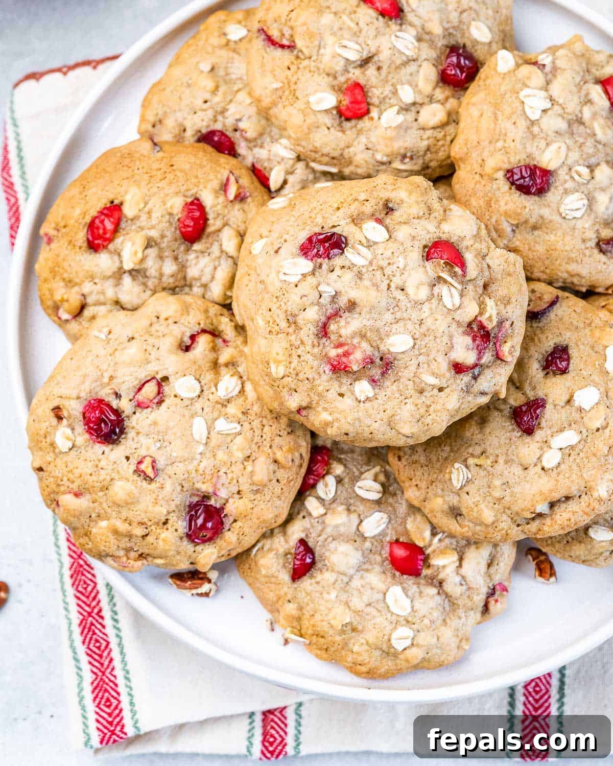 Closeup view of cranberry oatmeal cookies on a plate.