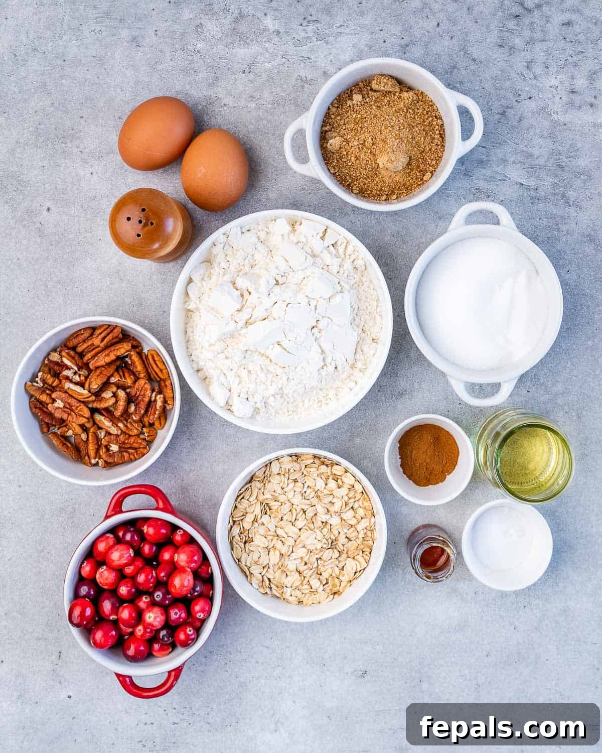 Fresh cranberries, flour, oats, sugar, oil, eggs and spices divided into small portions.