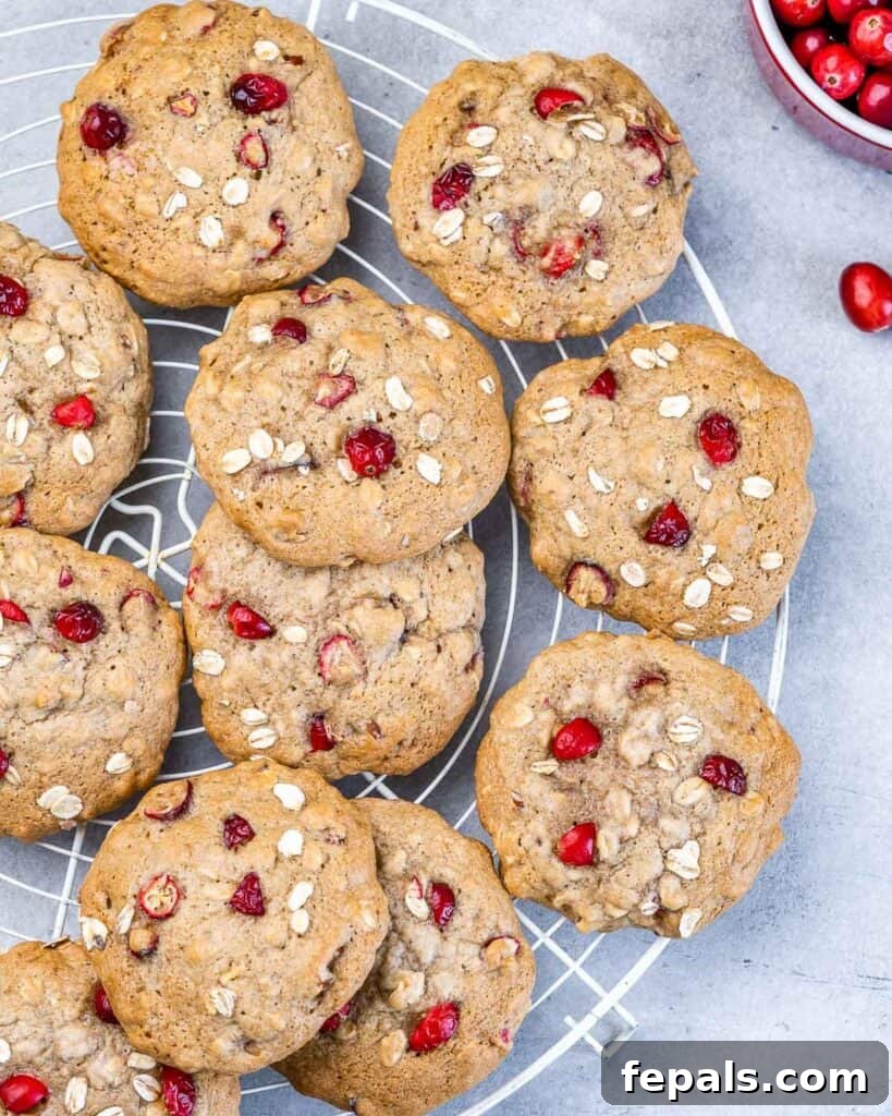 Cookies with cranberries cooling on a wire rack.