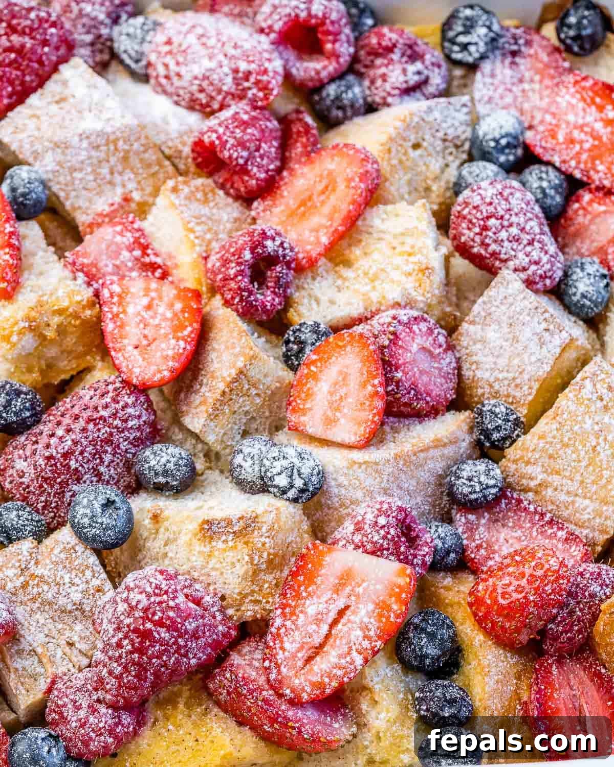 French toast casserole topped with strawberries, blueberries and raspberries, garnished with powdered sugar.