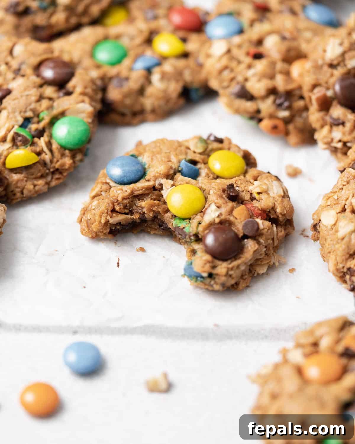 A plate of freshly baked monster cookies, with one cookie bitten to reveal its rich, textural interior.