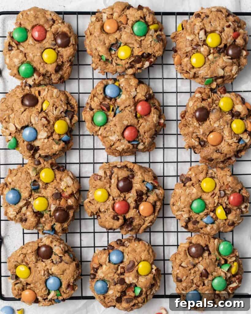 Top view of baked M&M monster cookies arranged neatly on a wire rack, showcasing their vibrant colors and textures.