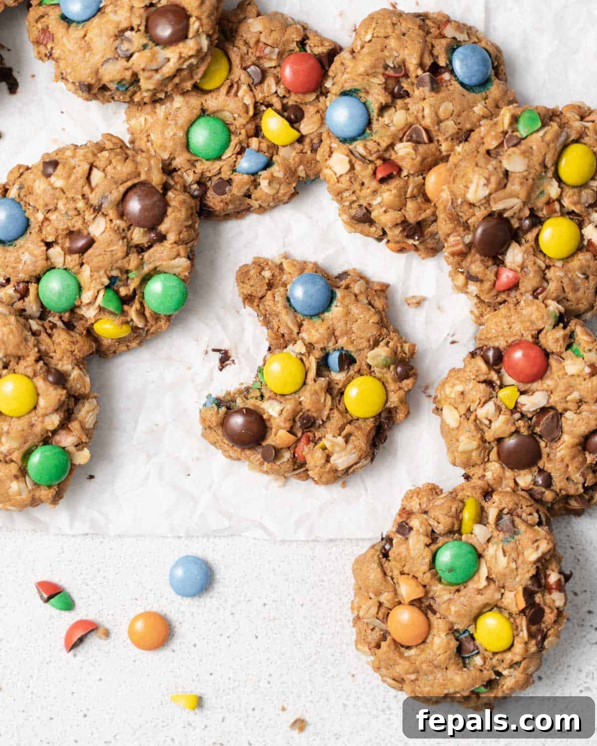 Oatmeal cookies with M&M's and chocolate chips beautifully arranged on parchment paper.