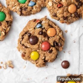 Top view of a baked cookie topped with M&M's on parchment paper