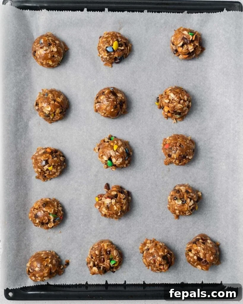 Cookie dough balls evenly spaced on a parchment-lined baking sheet before baking.