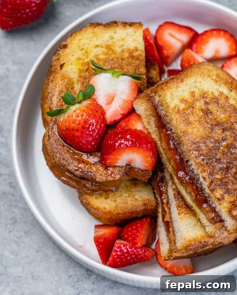 Peanut Butter Jelly French Toast Surprise 9 top view of sliced stuffed french toast on a round white plate with slices of strawberries on the side