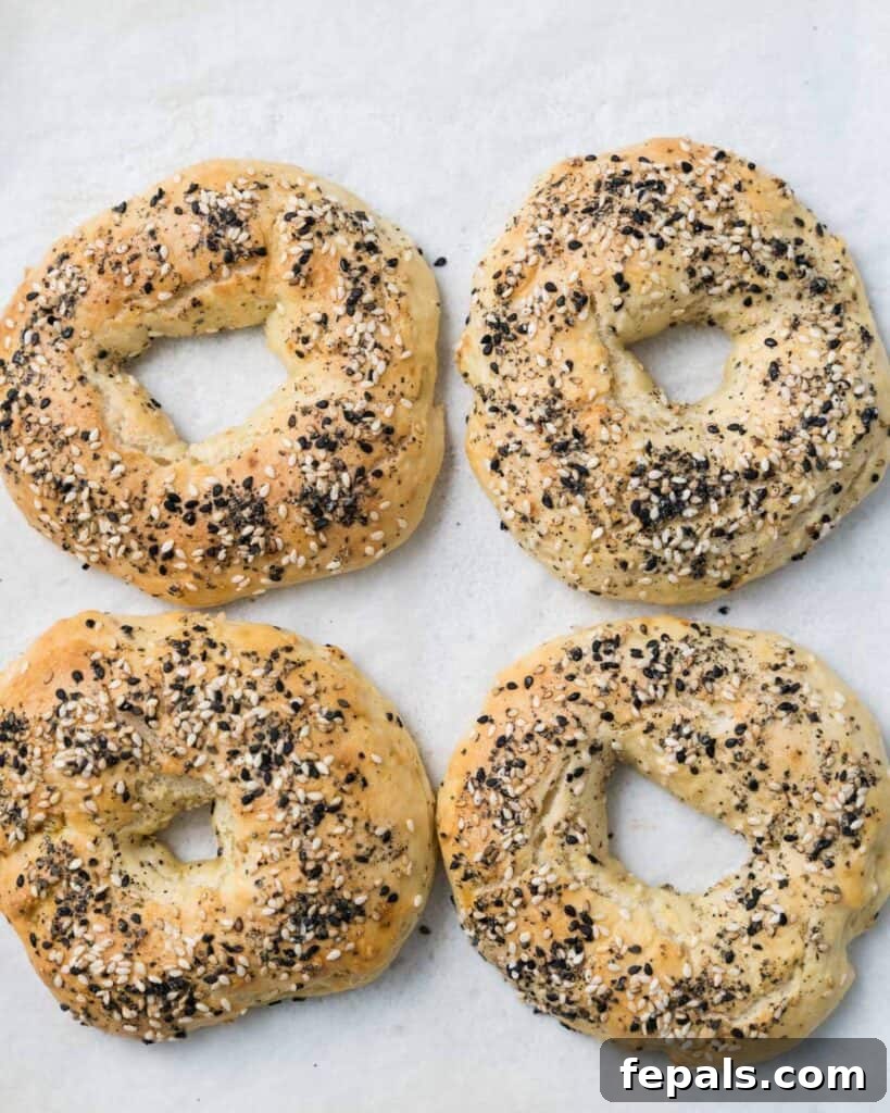 Protein-Packed Greek Bagels 11 4 baked bagels set to each other on a flat surface, showing their perfectly rounded shape