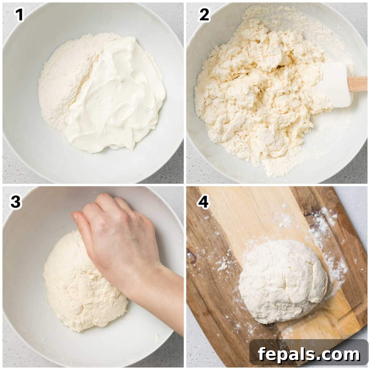 Protein-Packed Greek Bagels 5 process shots of kneading the yogurt and flour together in a bowl