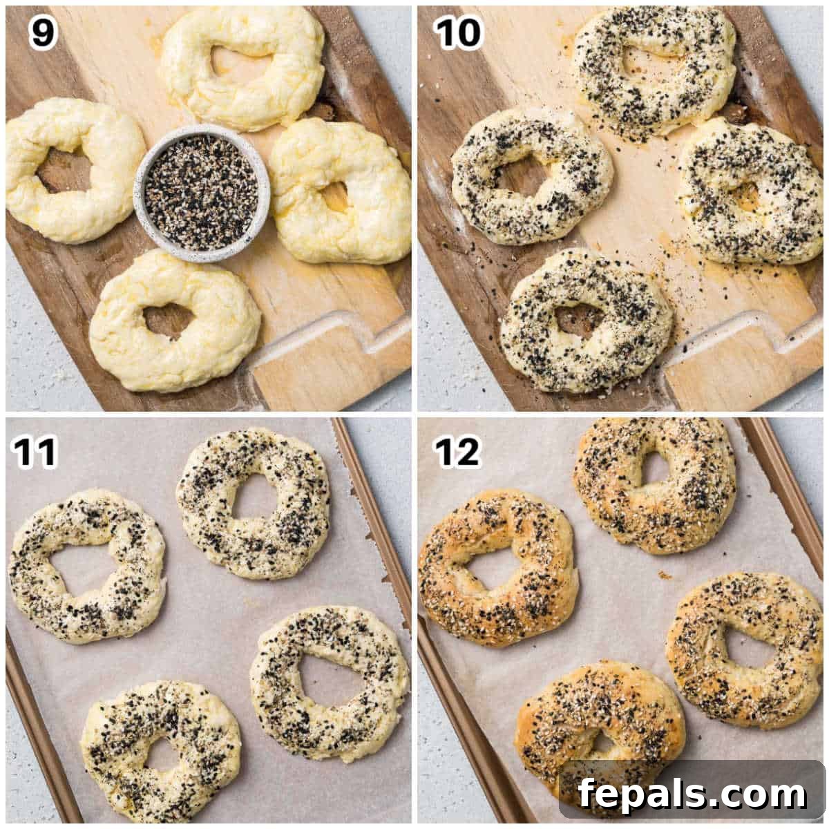 Protein-Packed Greek Bagels 7 Process shots of applying egg wash and seasoning to the bagels, then placing them on a baking sheet
