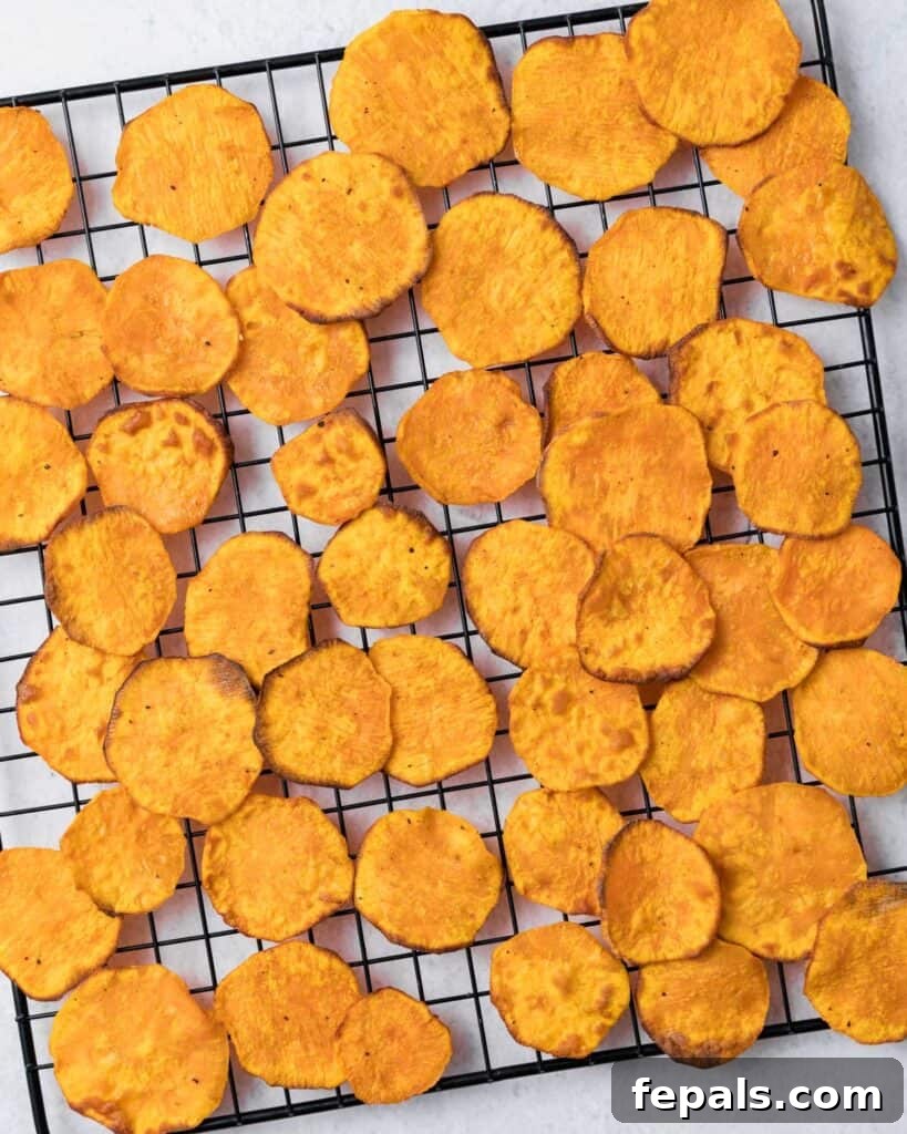Crispy Air-Fried Sweet Potato Crisps 11 sweet potato chips on a wire rack to be cooled off