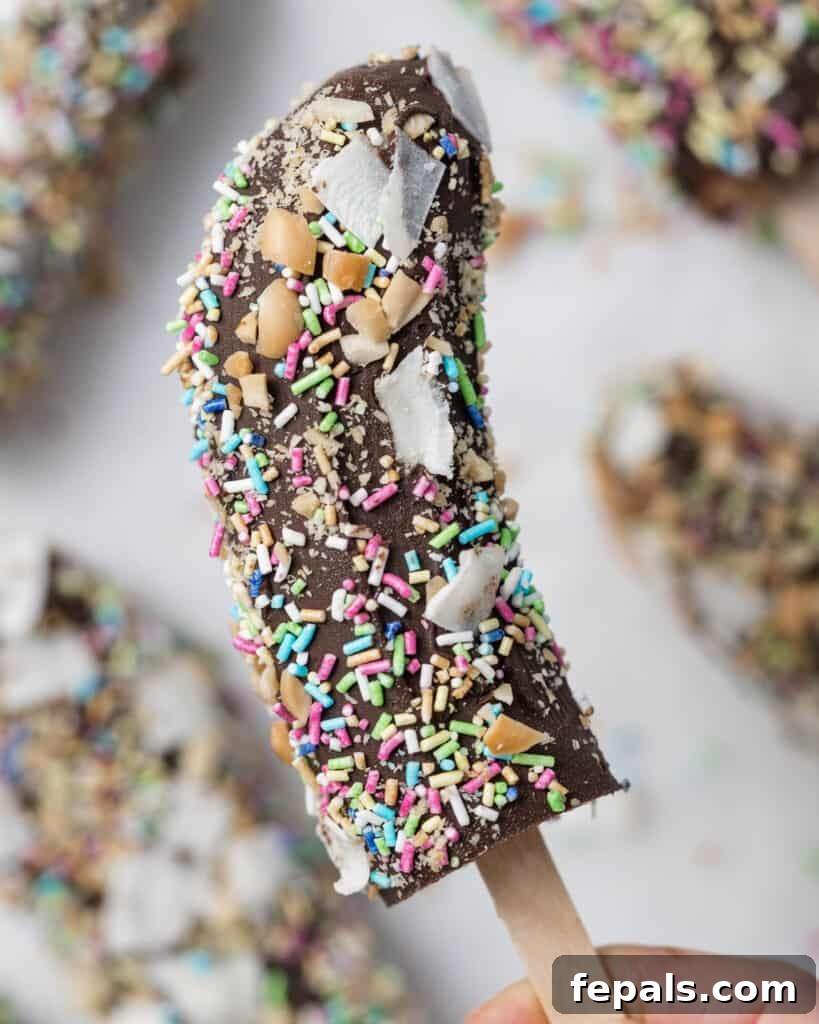 Frozen Chocolate Banana Bites 2 hand holding a single banana pop covered in sprinkles
