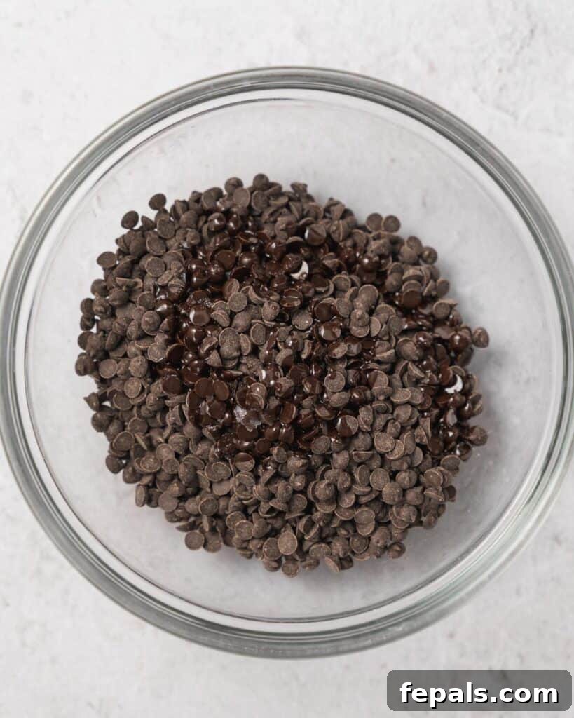 Frozen Chocolate Banana Bites 8 chocolate chips in a bow to be melted
