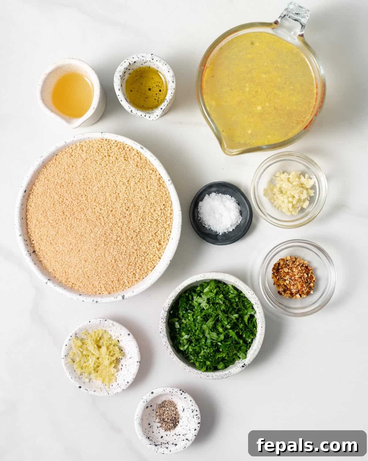 Uncooked couscous, parsley, broth, salt, garlic and olive oil in small bowls.