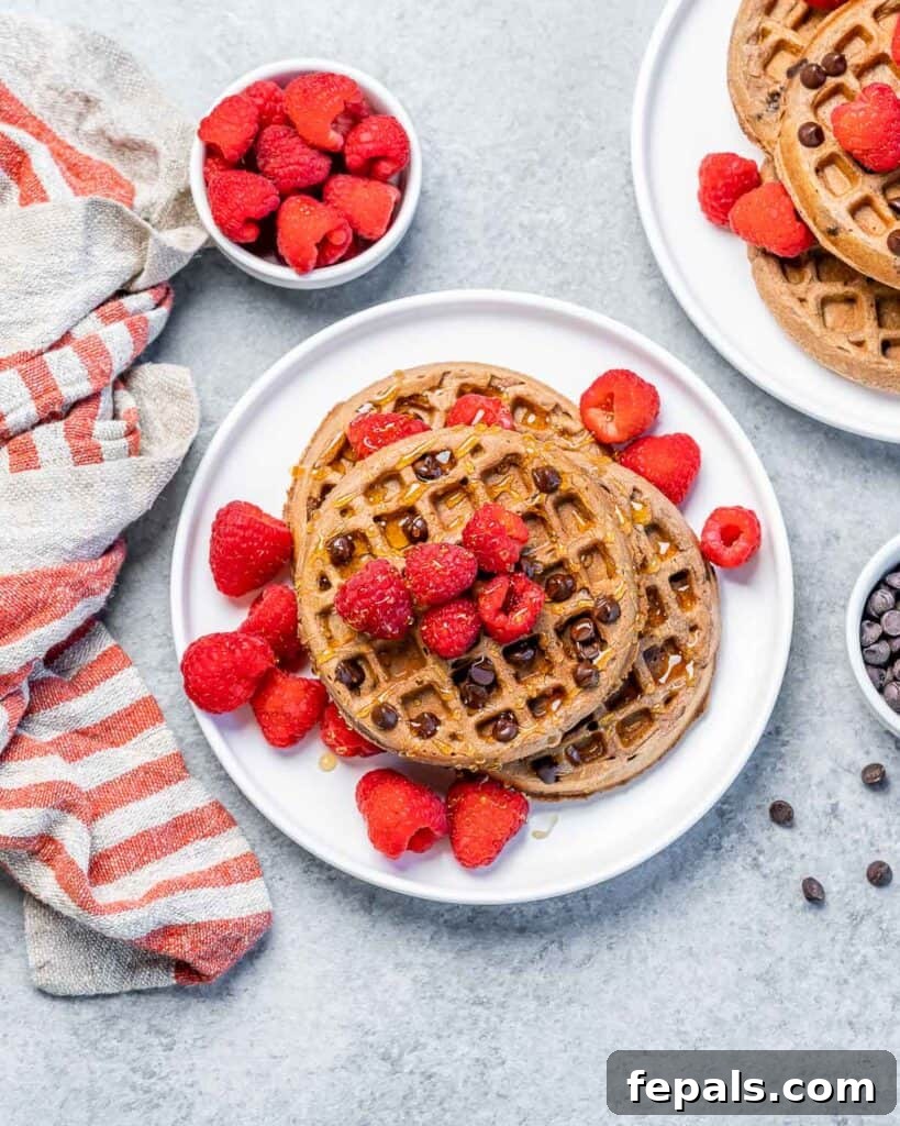 Top view of chocolate waffles on a round white plate topped with raspberries and chocolate chips, ready to be enjoyed.