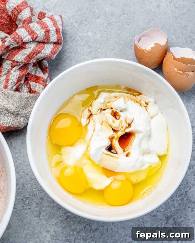 Yogurt, eggs, and vanilla extract added into a white bowl, ready to be mixed for the waffle batter.