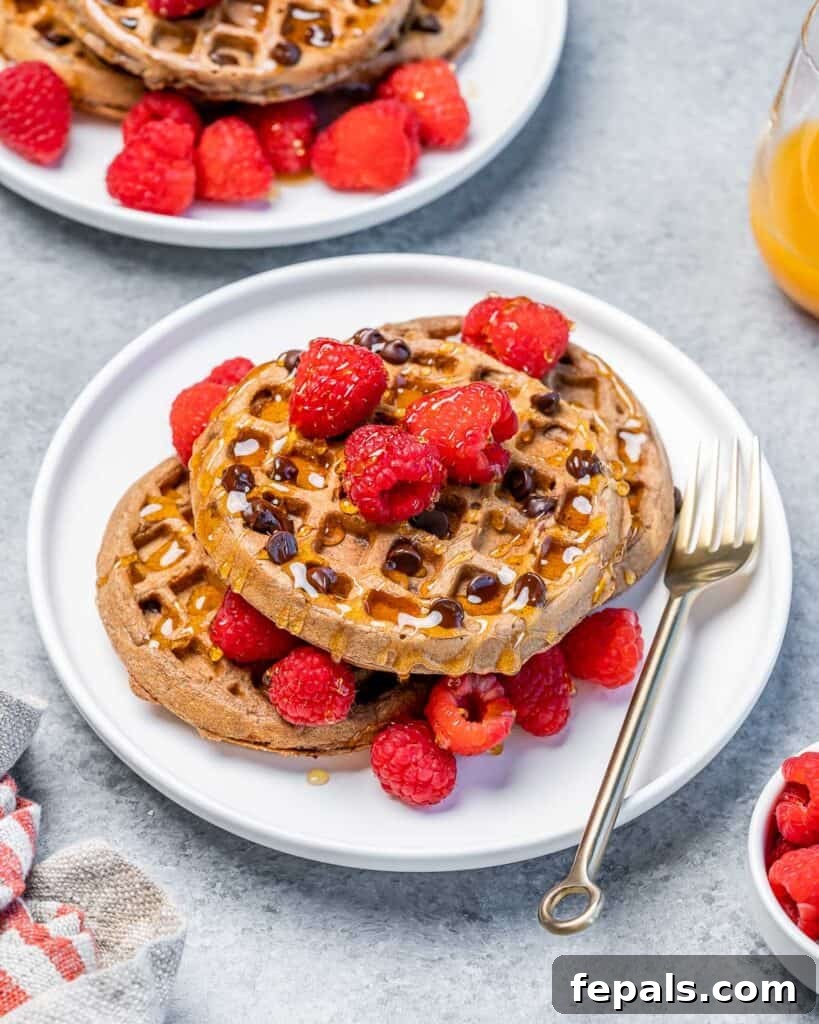 Side shot of a plate with perfectly cooked chocolate waffles, garnished with fresh raspberries.