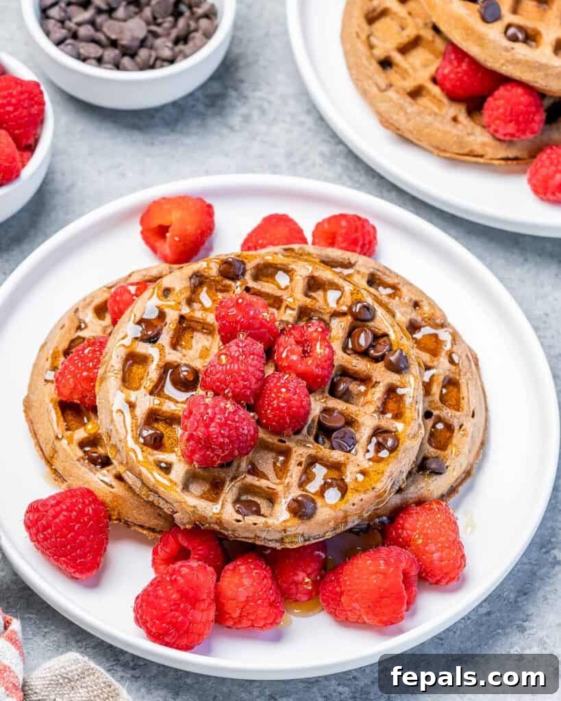 Side shot of a plate of chocolate waffles with fresh raspberry fruits placed next to the waffles, inviting a delightful taste.
