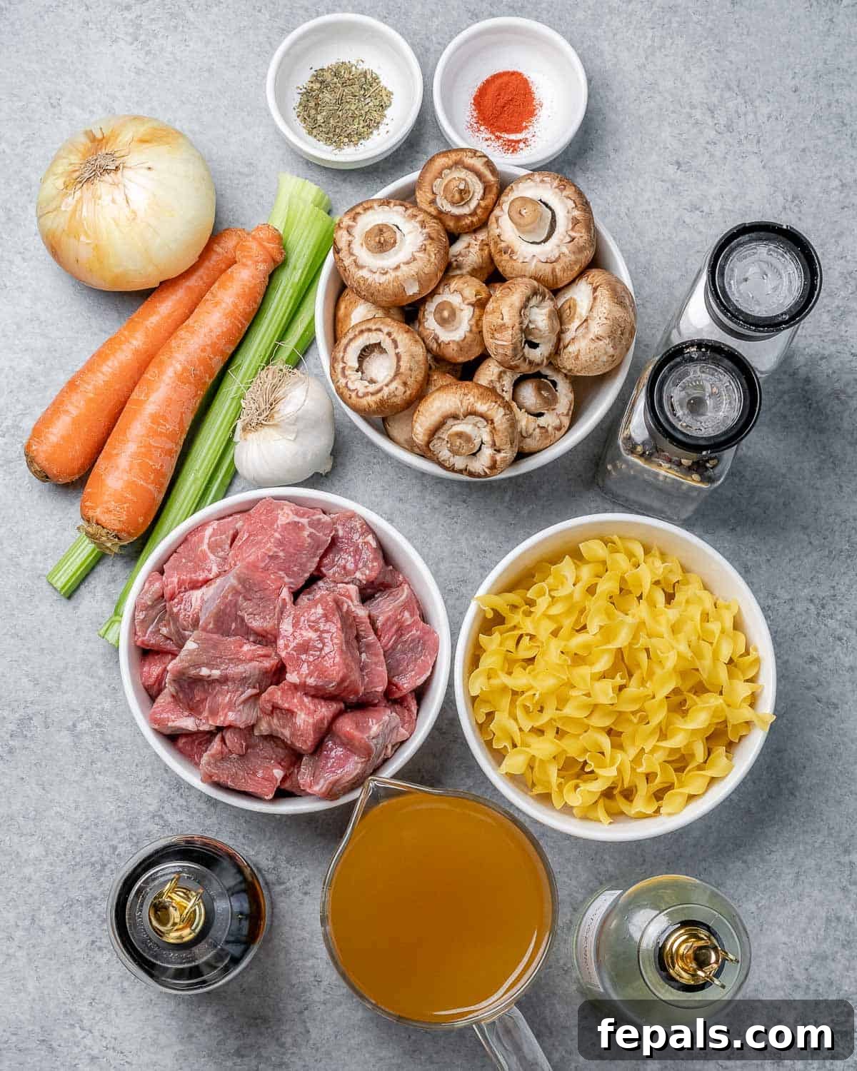 Hearty Beef Noodle Comfort 4 Beef, mushrooms, pasta, broth, onion, carrots and celery divided into small portions.