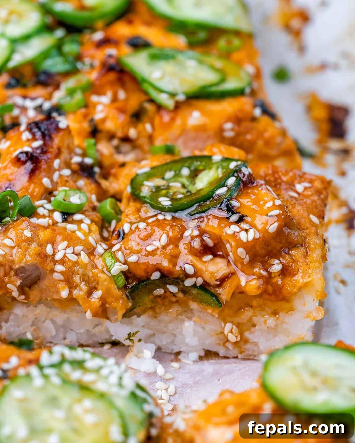 Ultimate Salmon Sushi Bake 11 Layered sushi bake with rice, salmon and toppings.