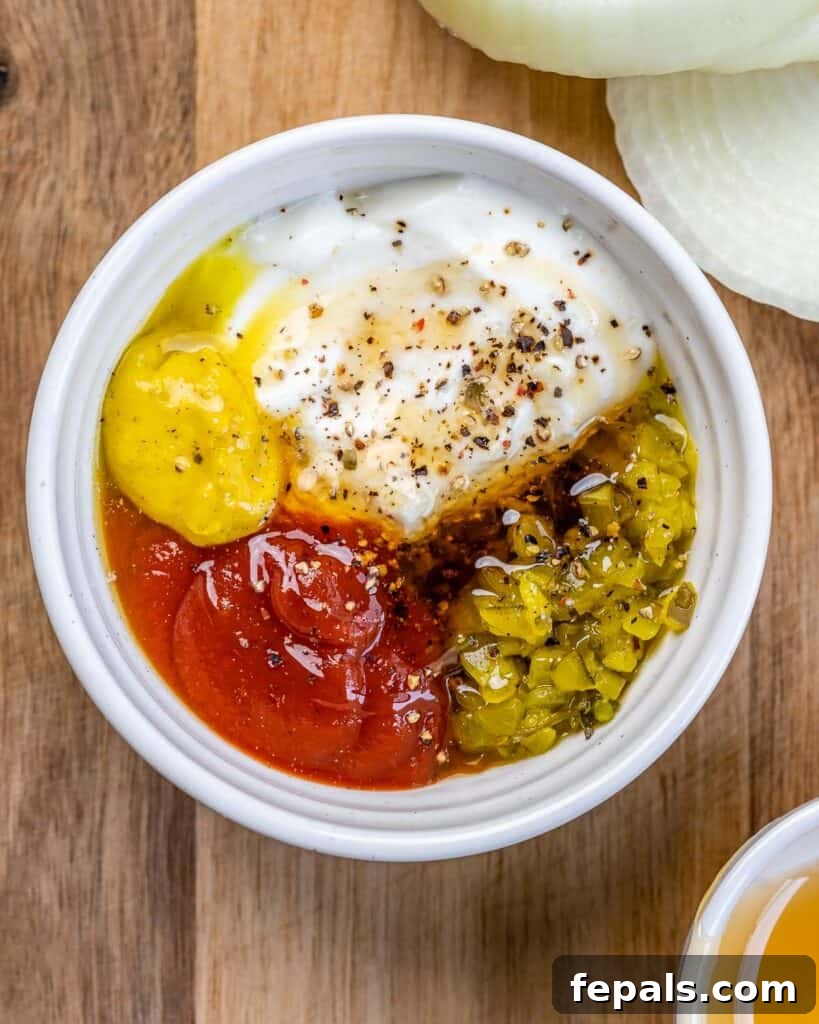 The Spectral Sailor Burger 7 in-n-out sauce ingredients placed in a white bowl before mixing