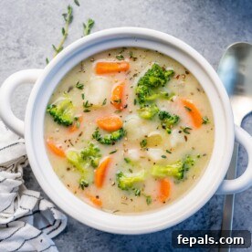 top view of a white round bowl of creamy vegetable soup