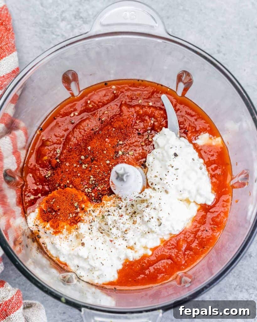 Creamy Cottage Cheese Pasta 6 Blending cottage cheese with marinara ingredients.