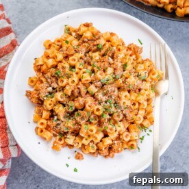 top view of a round white plate with short pasta with red sauce