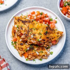 iki tavuk birria tacosunun üstten görünümü, yuvarlak beyaz bir tabakta