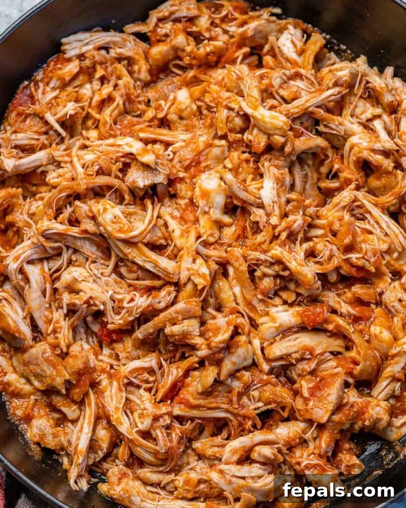 Crispy Birria Chicken Dipping Tacos 7 Sulu didiklemiş tavuk karışımı, taco montajı için hazır.