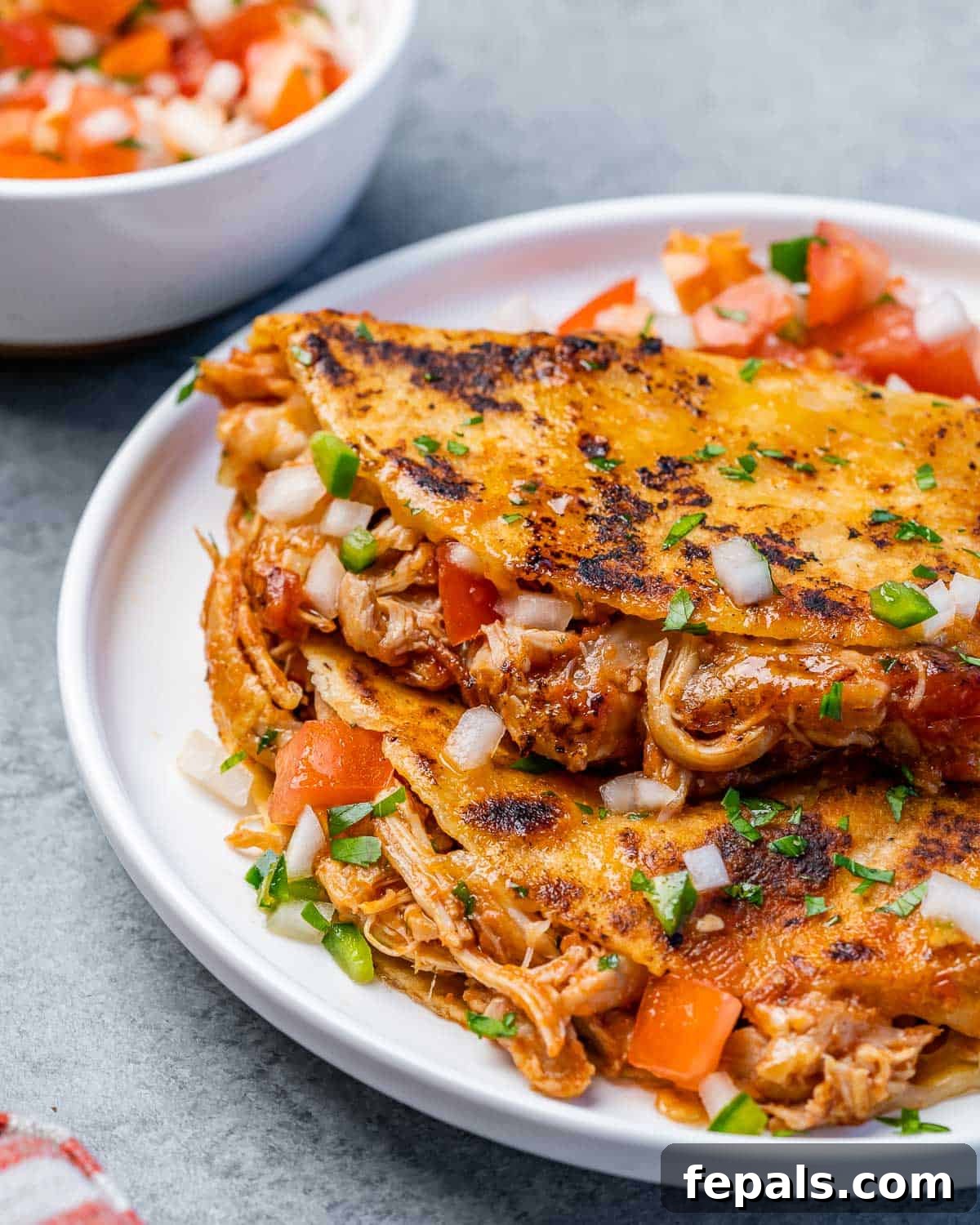Crispy Birria Chicken Dipping Tacos 10 Birria tacoları, güzel sunumu sergileyen pico de Gallo ile beyaz bir tabakta.