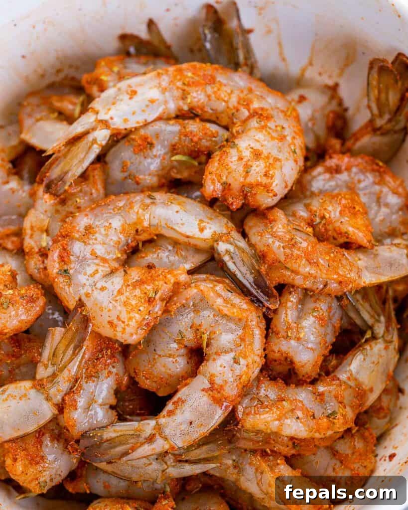 Raw jumbo shrimp are generously coated with a vibrant spice mix in a white bowl, ready for cooking.