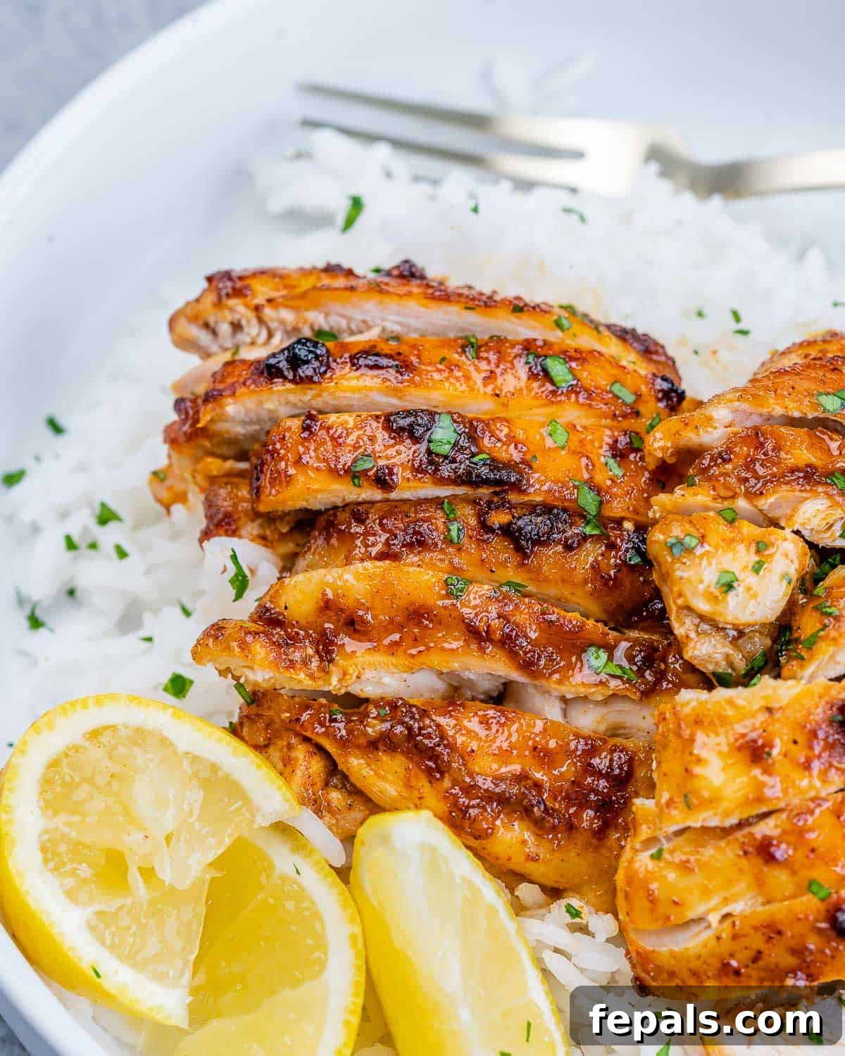 Crispy Air Fryer Boneless Chicken Thighs 10 Sliced chicken served over rice with lemon slices.