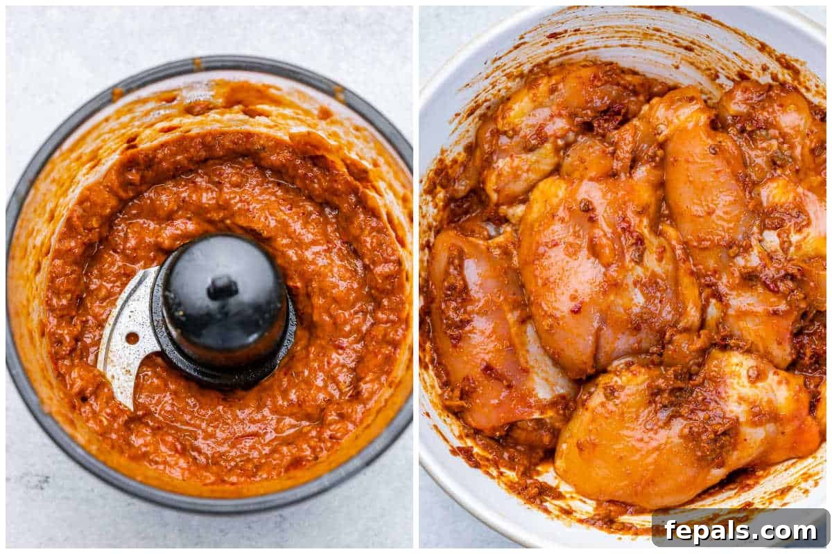 Smoky Chipotle Al Pastor Chicken 4 Process shot showing the creation of the al pastor marinade in a food processor, followed by the raw chicken marinating in a large bowl, absorbing all the rich flavors.