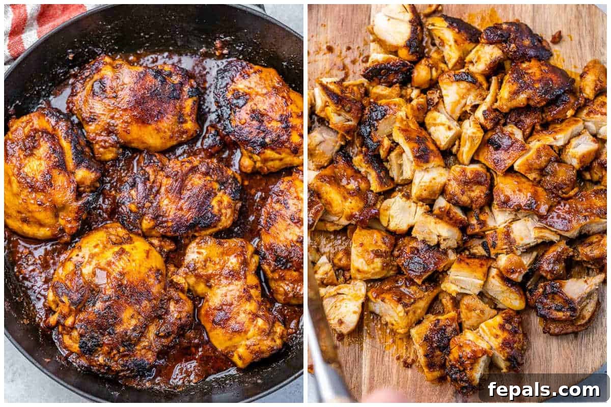 Smoky Chipotle Al Pastor Chicken 5 Process shot demonstrating cooked chicken thighs sizzling in a dark round skillet, followed by the tender chicken being shredded on a wooden cutting board, ready for serving.