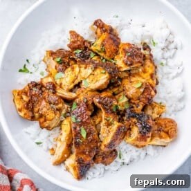 chopped sauteed chicken al pastor thighs over a bowl of rice.