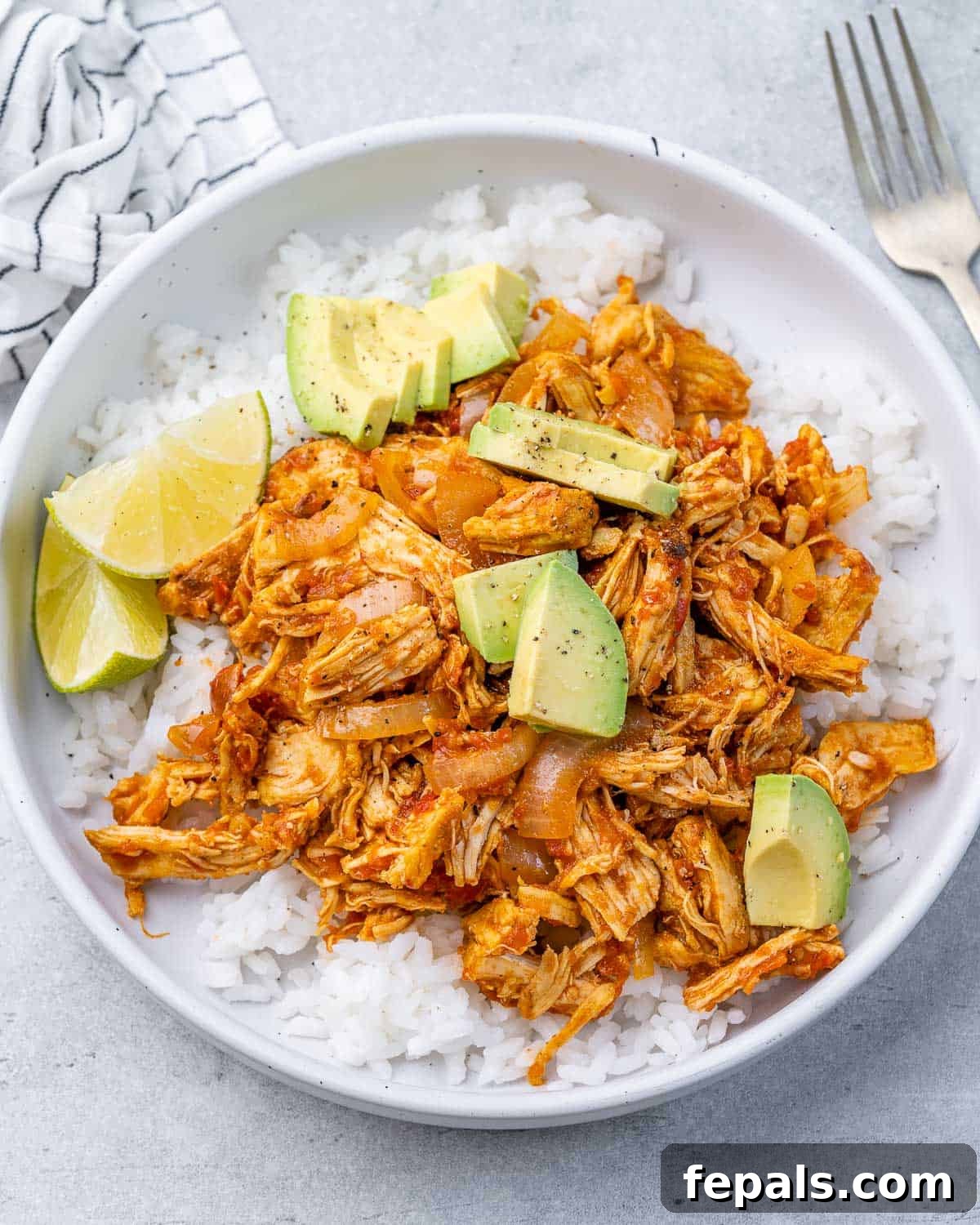The Ultimate Chicken Tinga 2 A bowl of vibrant orange shredded cooked Chicken Tinga, garnished with fresh chopped avocado, served over a bed of fluffy white rice.