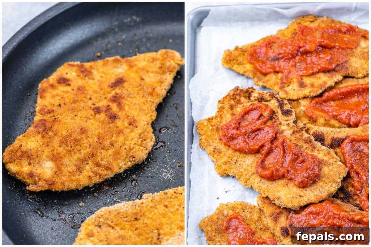 Crispy Chicken Parmesan Sandwich Outshines Takeout 4 A process shot showing how to bread chicken cutlets and add marinara sauce over them. The first image shows a raw chicken breast being coated in breadcrumbs, and the second shows a cooked, golden-brown chicken cutlet being drizzled with red marinara sauce.