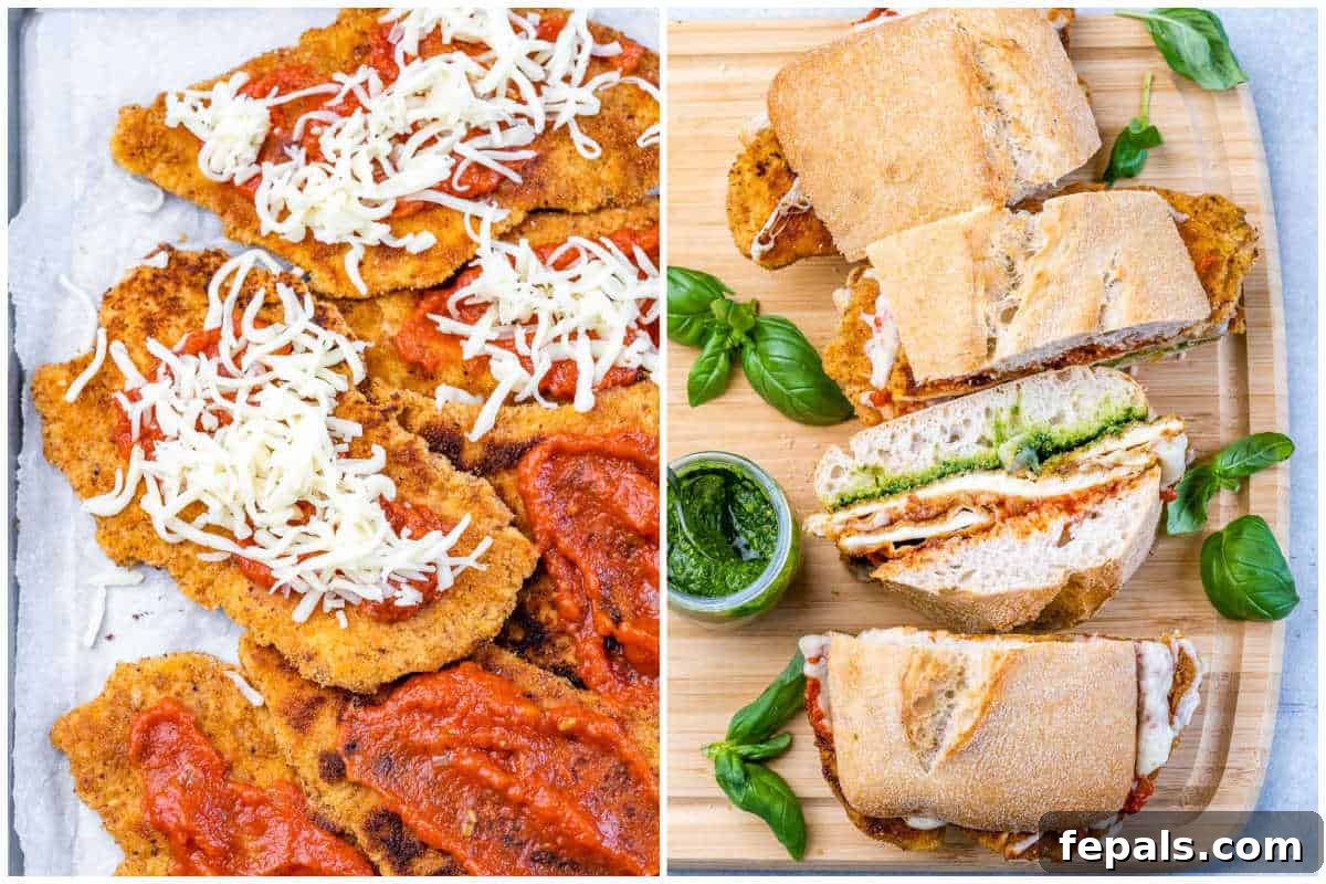 Crispy Chicken Parmesan Sandwich Outshines Takeout 5 A two-part image illustrating the final steps of making a chicken parmesan sandwich. The first image shows breaded chicken cutlets topped with marinara sauce and shredded mozzarella cheese on a baking sheet, ready for the oven. The second image shows an assembled sandwich, with the chicken, sauce, and cheese nestled inside a toasted ciabatta roll, garnished with fresh basil.