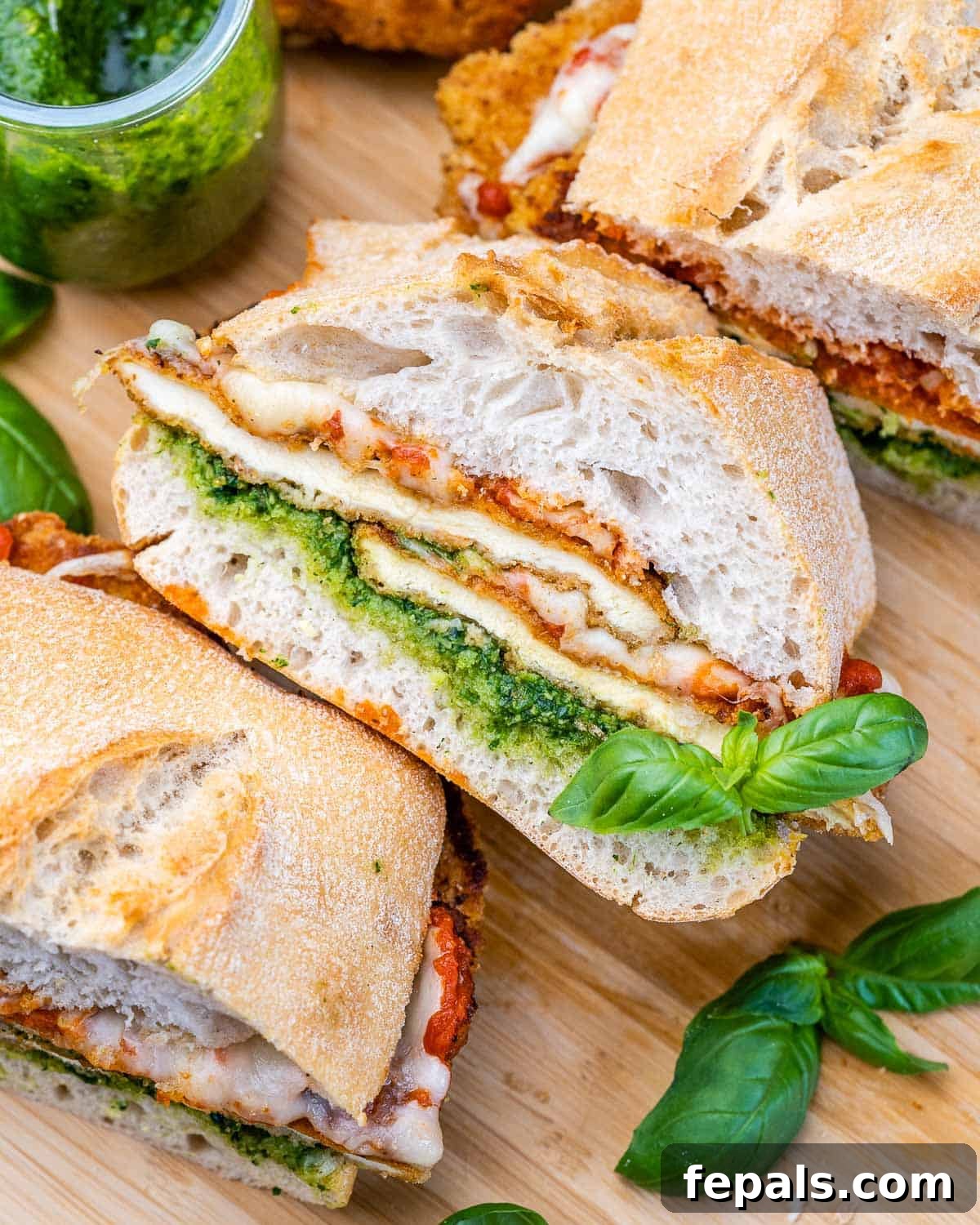 Sandwich halves filled with breaded chicken, pesto, marinara, and mozzarella, layered inside toasted ciabatta rolls with basil garnish.