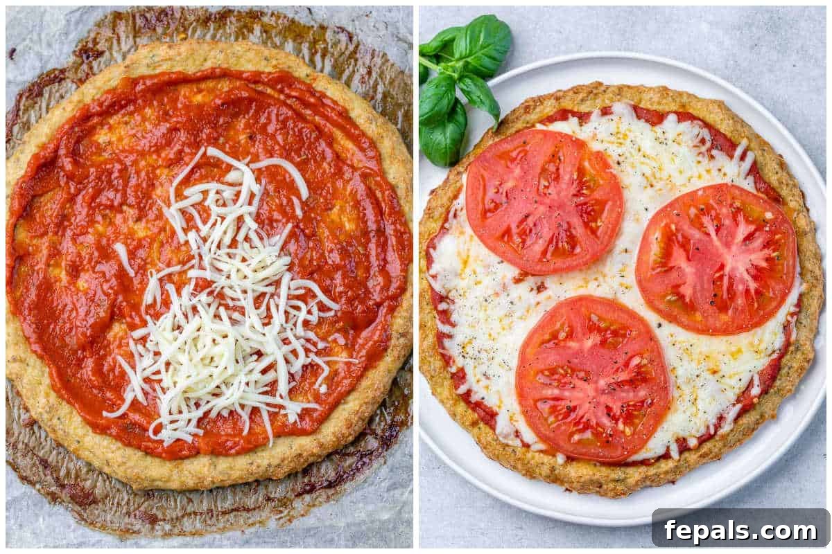A freshly baked chicken pizza crust, lightly browned, with marinara sauce and shredded mozzarella cheese already added, ready for the next stage of baking.