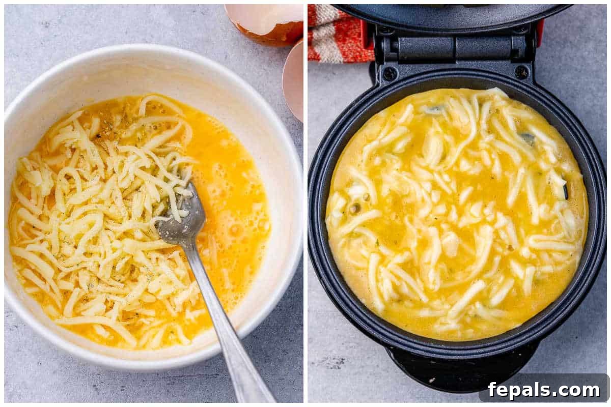 process shot to make the egg and cheese batter, then add it to the waffle maker.