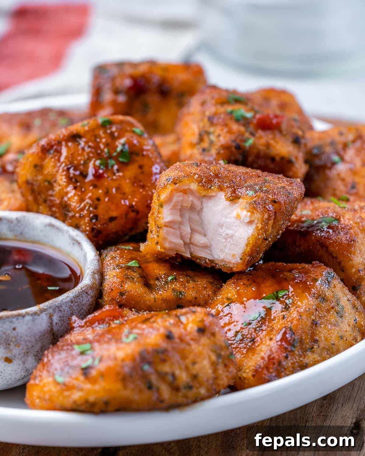 Salmon bites with one bitten into.