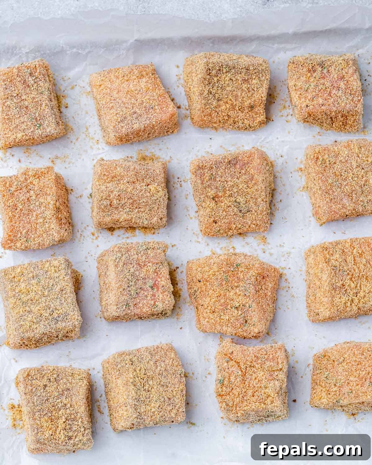 Seasoned pieces of raw salmon.