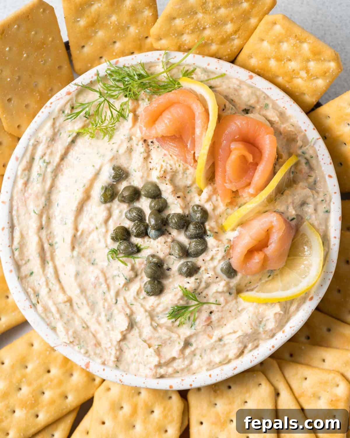 Top view of creamy smoked salmon dip garnished with fresh smoked salmon, lemon slices, capers, and fresh dill.