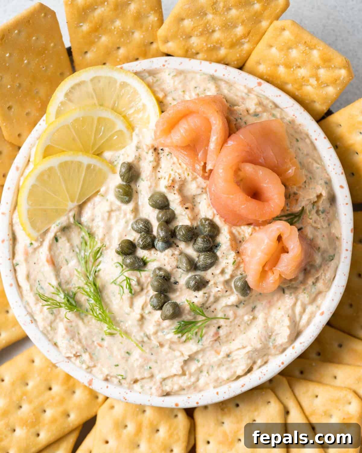 Adding capers, dill and salmon on top of salmon dip to garnish.