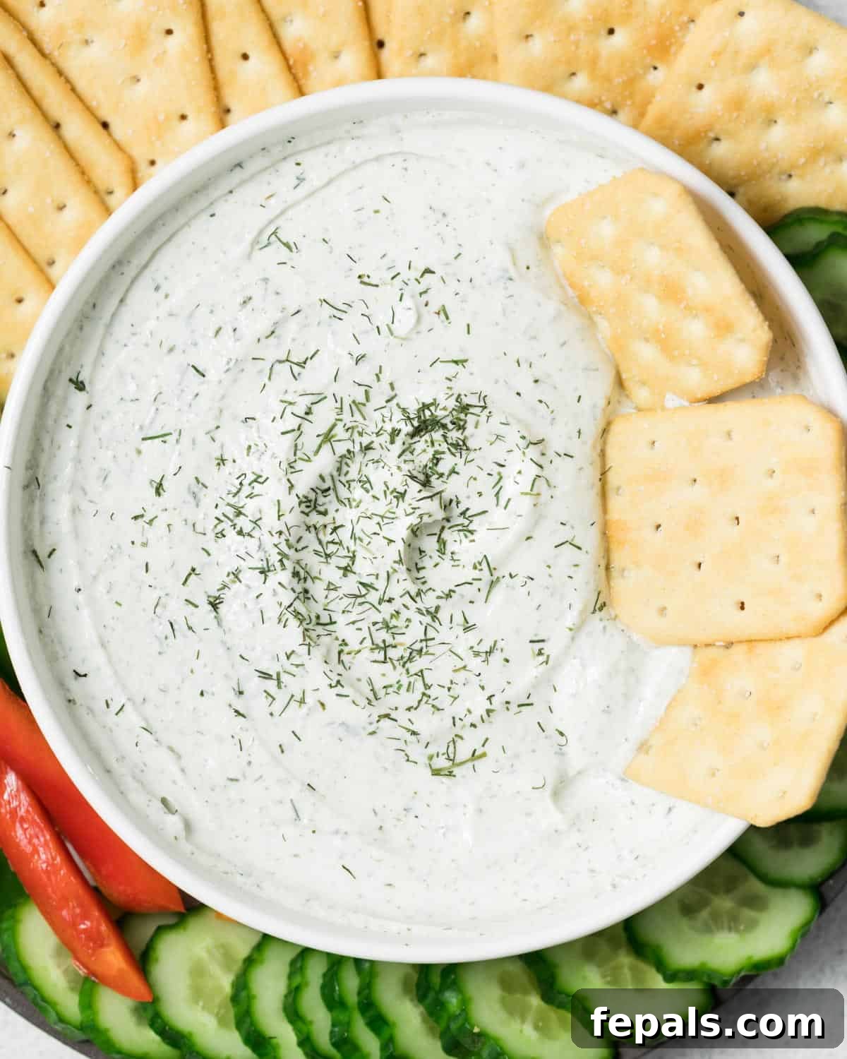 Protein-Packed Ranch Dip 2 Top view of creamy ranch dip in a bowl with crackers in dip and fresh dish garnish.
